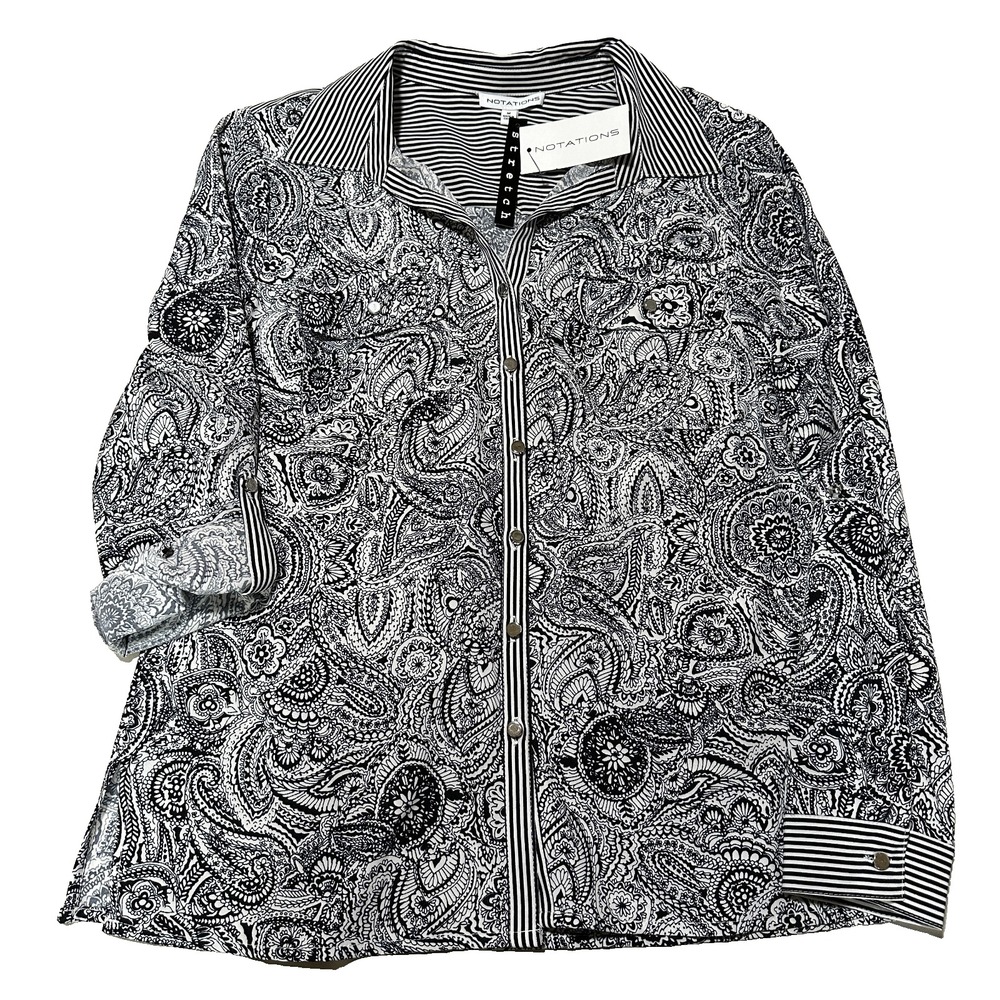 Notations Womens Black White Paisley Striped Stretch Button Up Blouse Size M NEW